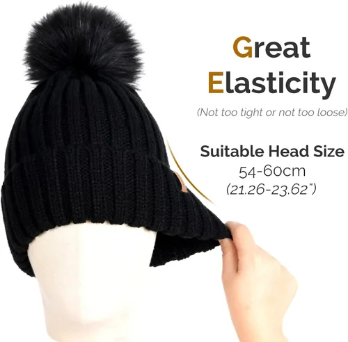 Miniatura 7 de FURTALK Gorro de punto de invierno para mujer con pompones de piel sintética gorro de punto cálido con calavera para mujer