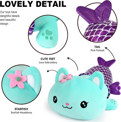 Miniatura 3 de Onsoyours Lindo gatito sirena de peluche de gatito, suave almohada de felpa de gato sirena para niños (sirena de gato azul, 12 pulgadas)