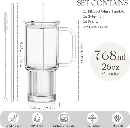 Miniatura 3 de KEMORELA Paquete de 2 vasos de vidrio acanalado de 26 onzas con asa y tapa, grandes tazas de café helado estéticas con pajitas, tazas de vidrio