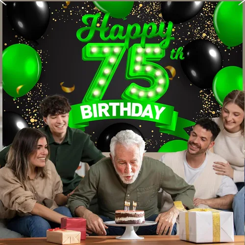Miniatura 6 de Cartel de feliz cumpleaños 75 verde y negro, telón de fondo con texto en inglés "Cheers to 75 years old confeti", globos de confeti, decoración