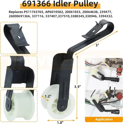 Miniatura 5 de WPW10314173 Kit de soporte de tambor de rodillo para secadores Whirlpool Maytag Includes WPW10314173 Roller Drum Support Kit with WP691366 Idler