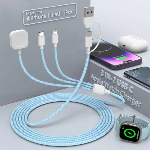 Miniatura 2 de Travel Essentials - Cable de carga 3 en 2 para cargador de Apple Watch, cargador de iPhone, cable de carga rápida USB C compatible con iWatch Series