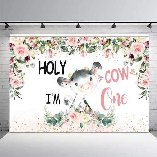 Miniatura 2 de MEHOFOND Telón de fondo de vaca sagrada con texto en inglés «Holy Cow I'm One» de 8 x 6 pies con diseño floral rosa de vaca niña feliz 1er