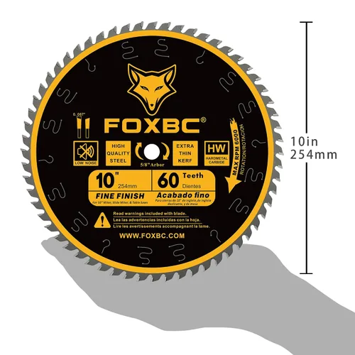 Miniatura 4 de FOXBC Hoja de sierra de mesa de corte transversal de acabado fino de 10 pulgadas, 60 dientes ATB, con eje de 5/8 pulgadas