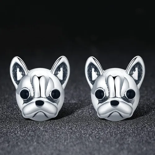 Miniatura 5 de Aretes tipo dormilona de plata de ley con diseño de bulldog francés para mujeres y niñas con orejas sensibles, bonitos regalos, Metal