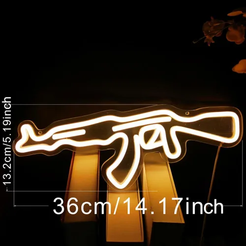 Miniatura 6 de Letrero de neón AK47Gun, arte de pared LED en forma de pistola, luz de neón LED alimentada por USB para decoración de pared en cueva de hombre, sala