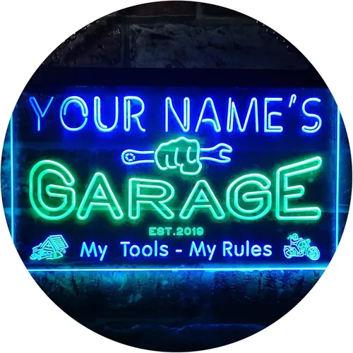 ADVPRO Personalizado: Tu Nombre Año Est Tema Garaje Cueva de Hombres Decoración Letrero Luminoso LED de Doble Color, Verde & Azul, 12" x 8.5" Verde