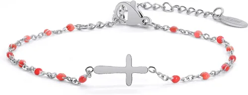 Miniatura 21 de Pulsera de Cuentas con Cruz Chapada en Oro de 14K para Mujeres, Pulsera de Acero Inoxidable Ajustable con Cruz de Fe Religiosa, Pulsera de Cadena