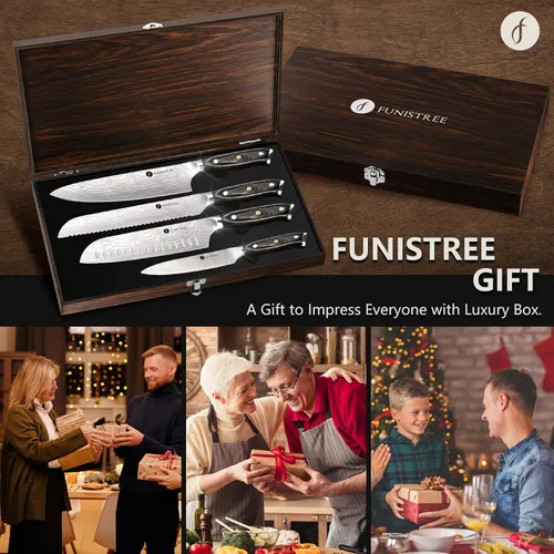 Miniatura 6 de Juego de 4 cuchillos de cocina profesional, juego de cuchillos de chef de acero inoxidable alemán de Damasco con caja de madera, cuchillo de chef