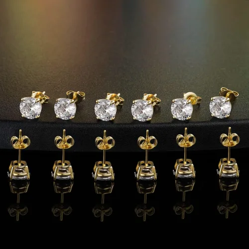 Miniatura 23 de Aretes de tuerca chapados en oro blanco de 18 quilates de 3 a 0.315 in con circonita cúbica redonda, paquete de 6 pares
