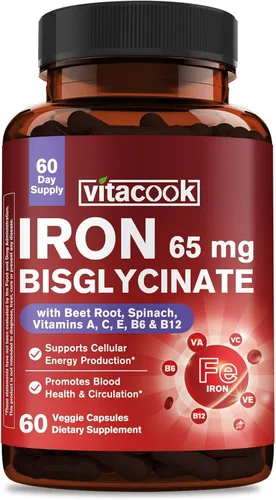 Suplemento de hierro para mujeres y hombres, 65 mg de quelato de bisglicinato ferroso, hierro de liberación lenta con vitaminas A, C, E, B6, B12,