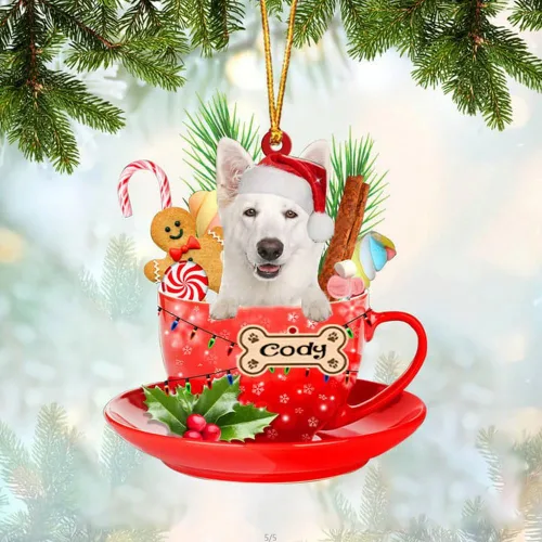 Miniatura 9 de NAZENTI Adorno personalizado de Alaskan Malamute en taza roja, adorno de Navidad personalizado para perros amantes de las mascotas, colgante