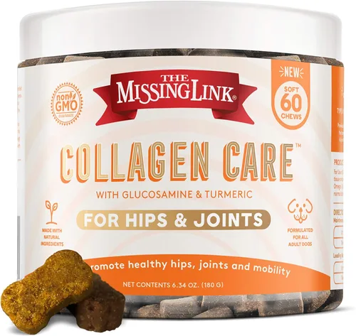 The Missing Link Collagen Care - Masticables suaves para cadera y articulaciones, 60 unidades, movilidad diaria y apoyo antiinflamatorio para perros
