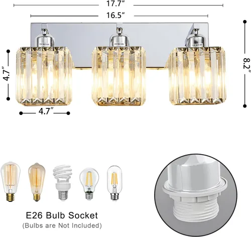 Miniatura 5 de Moderna lámpara de tocador de baño de 3 luces de cristal cromado moderno sobre espejo cromado iluminación de tocador de cristal aplique de pared