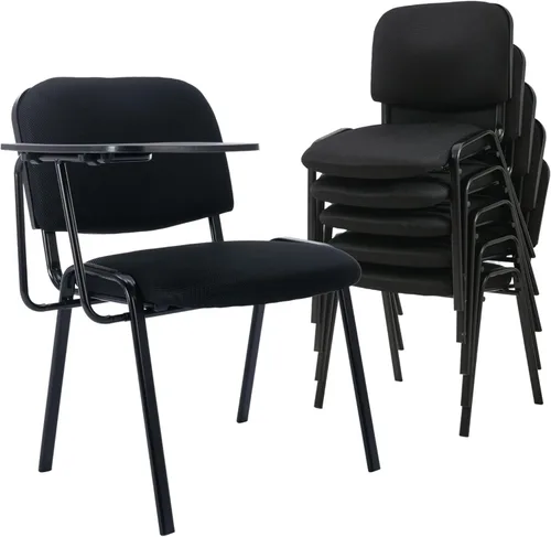 Miniatura 10 de HNY Juego de 5 sillas negras con brazo para tableta, cómodas de poliuretano, para oficina, sala de espera, apilables, sillas de recepción con mesa