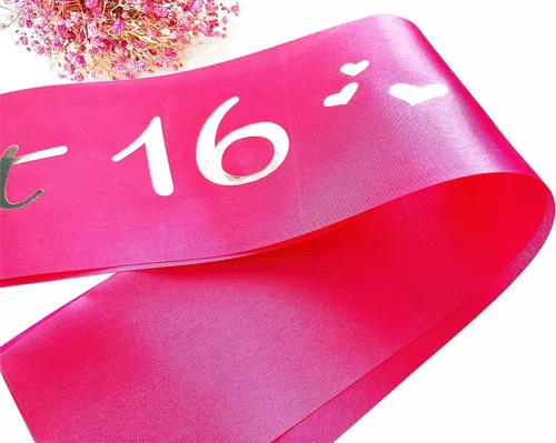Miniatura 6 de Cinta de satén rosa intenso con letras plateadas, decoraciones de banda de cumpleaños 16, regalos para niñas, suministros de recuerdo de fiesta