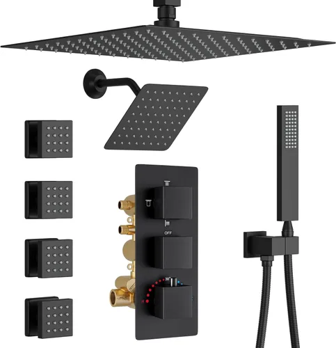 Miniatura 21 de Sistema de ducha termostático, juego de grifo de ducha negro mate con boquilla de bañera, 6 piezas de chorro corporal y rociador de mano, cabezal
