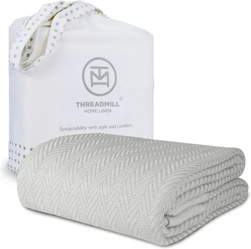 Threadmill Home - Manta de lino de tamaño King, 100% algodón, color blanco, con diseño espiga., Algodón, Plateado, gemelo Gris claro