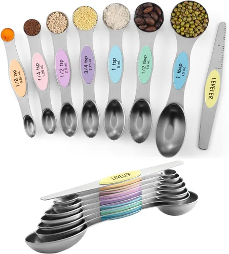 Miniatura 11 de ChefAide Paquete de 8 Cucharas Medidoras Magnéticas de Acero Inoxidable, de Doble Cara, Apilables, Cucharadita y Cucharada Medidoras Ajustables