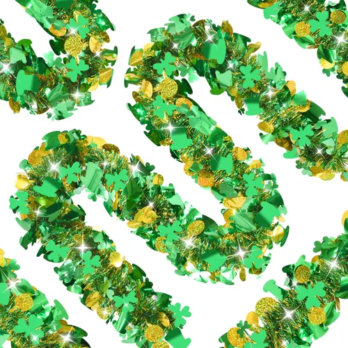 Palonu Guirnalda de oropel del día de San Patricio de 50 pies, trébol verde, monedas doradas, guirnalda metálica para fiesta irlandesa del día de
