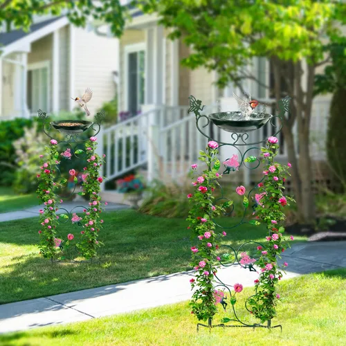 Miniatura 6 de HONGLAND Baño de metal para pájaros de 36.5 pulgadas con enrejado, baño para pájaros de jardín al aire libre con cuenco desmontable y soporte