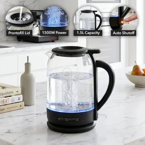 Miniatura 2 de Hervidor Eléctrico OVENTE con Vidrio de Borosilicato de 1.5L, Calentador de Agua de Ebullición Rápida de 1500W para Café o Té, Tapa Fácil de Llenar