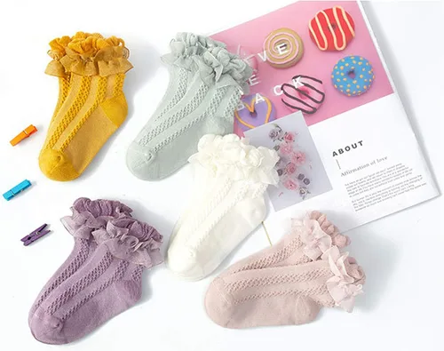 Miniatura 6 de 5 pares de calcetines de algodón con volantes de encaje para niñas y niños pequeños