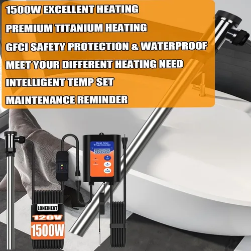 Miniatura 3 de LONRIHEAT - Calentador de agua de inmersión de titanio totalmente sumergible de 1500 W 120 V con termostato LCD y enchufe GFCI, ideal para piscinas