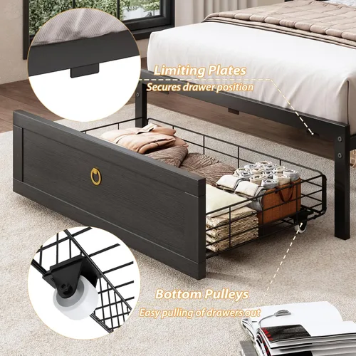 Miniatura 5 de TIGUBFRE Base de cama individual con cabecera de almacenamiento, marco de cama de madera de granja tamaño individual con 3 cajones, luz LED