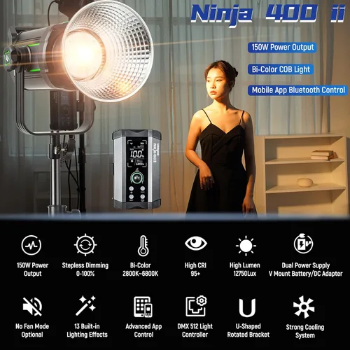 Miniatura 2 de Weeylite Ninja 400 II - Luz LED de video continua, 150 W, 2800-6800 K, montaje Bowens bicolor, iluminación continua, control de aplicación, luces