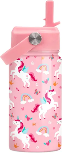 Miniatura 13 de SANDJEST Botella de Agua para Niños con Tapa de Pajita - 12 Oz Botella de Acero Inoxidable Aislada con Dibujo de Animales para Niños y Niñas - Taza