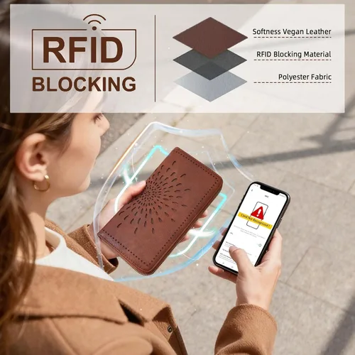 Miniatura 5 de APHISON Billetera para mujer, gran capacidad, monedero, tarjetero, RFID, pulsera, teléfono, cremallera, moneda, bolsillo de viaje