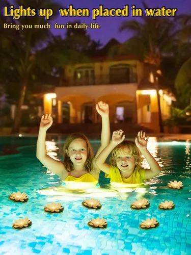 Miniatura 5 de Hortsun 9 luces flotantes de loto con pilas, almohadillas de lirio, flores de piscina, velas flotantes, decoración de plantas de estanque