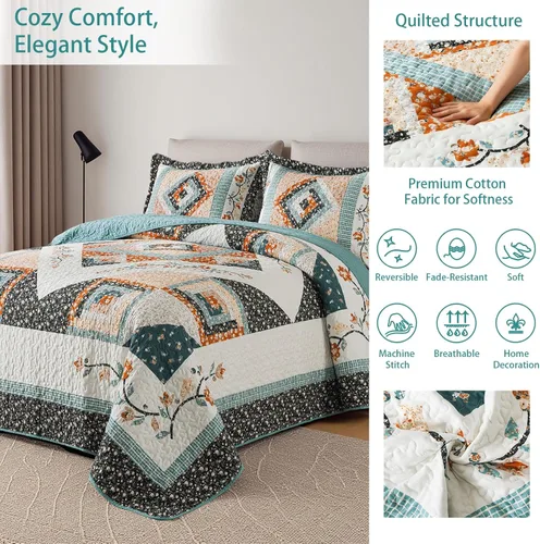 Miniatura 2 de TWINRUN Edredones de algodón tamaño Queen, colcha ligera tamaño Queen para cama, juego de edredón reversible suave a cuadros florales tamaño Queen G