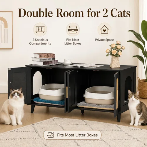 Miniatura 4 de Homhedy Caja de arena bohemia para gatos para 2 gatos, muebles de madera para baño de gatos con puertas decoradas de ratán doble, casa de mascotas