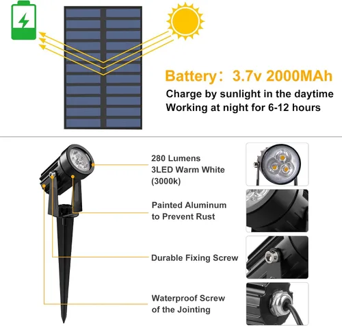 Miniatura 2 de Luces solares para exterior, focos de paisaje IP65 impermeables con cable de 3m, luces de pared para exterior con encendido y apagado automático