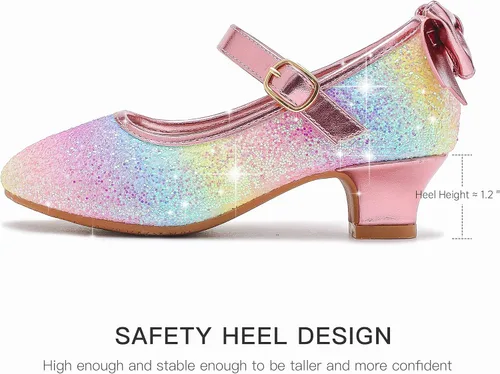 Miniatura 6 de Dufannie Zapatos de vestir para niñas, zapatos de tacón bajo de princesa, zapatos planos con purpurina para bodas y fiestas