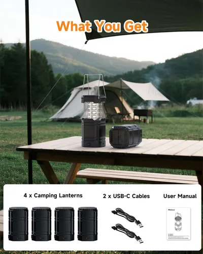 Miniatura 9 de Paquete de 4 faroles solares para campamento, linterna LED recargable con linterna, USB-C y funciona con energía solar, luces de emergencia