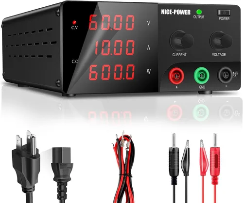 NICE-POWER Fuente de alimentación de CC variable, fuente de alimentación de banco de alta potencia de 60 V 10 A 600 W con perilla de codificador e