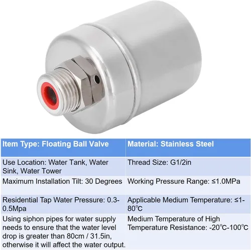 Miniatura 6 de Válvula de agua de rosca G1/2 pulgadas para tanque de acero inoxidable válvula de control automático de nivel de agua mini válvula de bola flotante