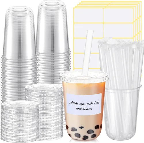 Miniatura 8 de Ziliny 25 juegos de vasos de plástico transparente con tapas, pajitas y pegatinas, vasos desechables de PET engrosado para café helado, té