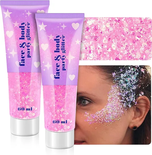 Gel de purpurina facial, 2 tarros de maquillaje holográfico con purpurina gruesa para cuerpo, cabello, cara, uñas, labios, sombra de ojos, purpurina