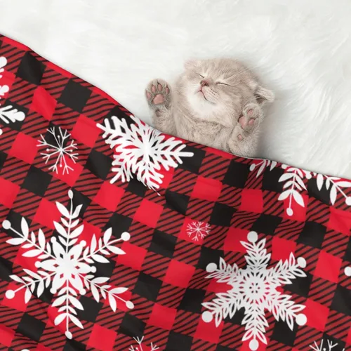 Miniatura 3 de Manta de felpa para mascotas, diseño de copos de nieve de Navidad, diseño de pata 3D, diseño de huellas de búfalo negro y rojo, manta suave