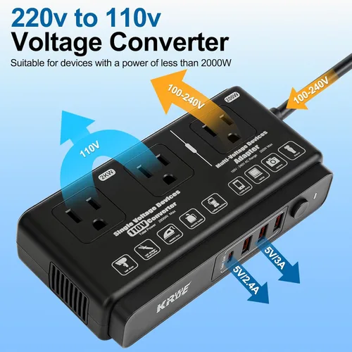 Miniatura 7 de 220v to 110v Travel Voltage Converter: International Universal Voltage Black Converter US to Europe Power Strip Plug Transformer - 2000W Electric