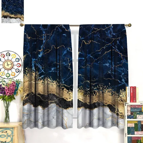 Miniatura 3 de Cortinas abstractas de mármol de lujo de lujo azul marino dorado a rayas con patrón de mármol estampado para dormitorio, sala de estar, cortinas