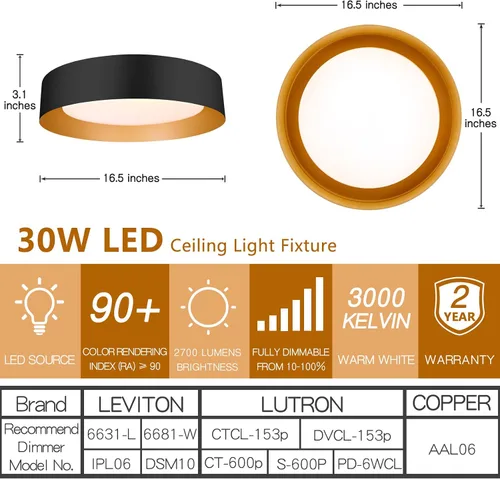 Miniatura 3 de Bargeni Lámpara de techo empotrada, lámpara de techo LED de 12.5 pulgadas, 5CCT regulable/2700K-6000K/20W, negro mate con acento de madera, montaje