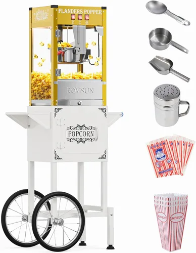 Máquina de palomitas de maíz ROVSUN con carrito, ruedas y hervidor de 8 onzas, hace hasta 32 tazas, máquina de palomitas con cuchara para palomitas,