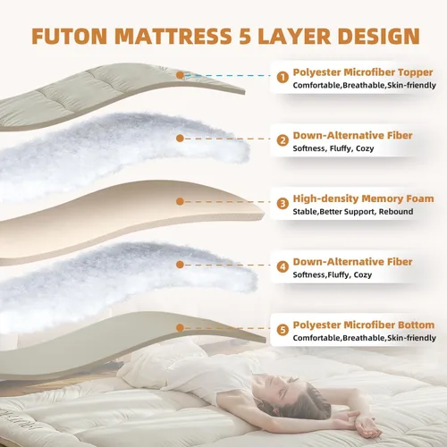 Miniatura 7 de Colchón de tamaño individual japonés para piso tipo futón, colchón de futón plegable para piso, colchón de tatami portátil, cama enrollable