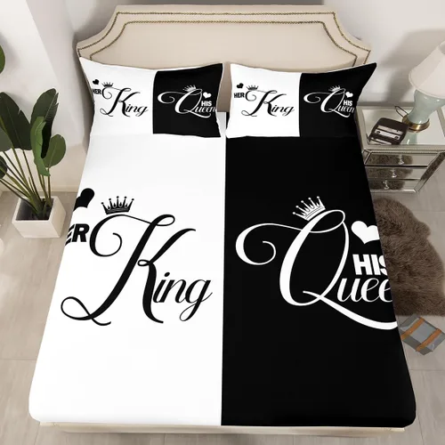 Miniatura 21 de Sábana bajera ajustable King Crown vintage negro y gris, sábanas románticas para el día de San Valentín, tamaño individual para mujeres, regalos