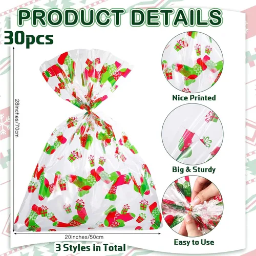 Miniatura 2 de Cholemy 30 Piezas Bolsas Grandes de Celofán para Canastas de Regalos de Navidad 19.7" x 27.6" Bolsas Jumbo Transparentes Rojas Verdes de Plástico